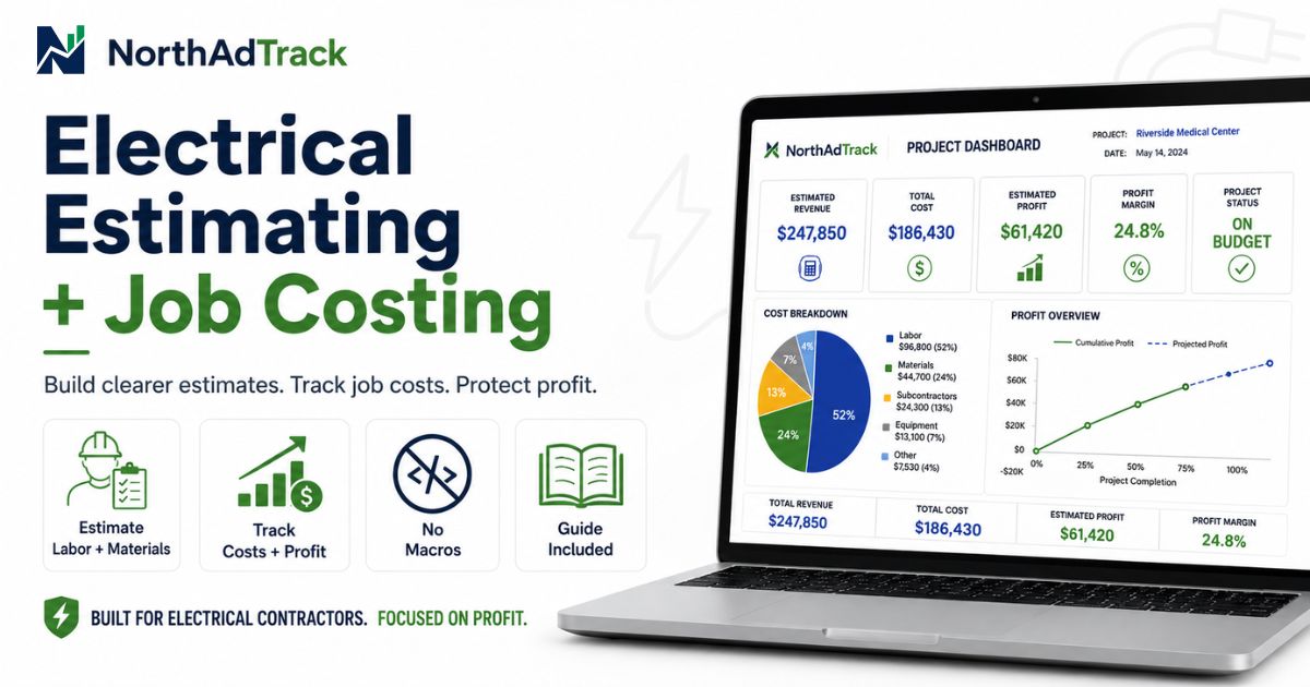 Electrical Estimate Template showing labour, materials, markup and job cost tracking
